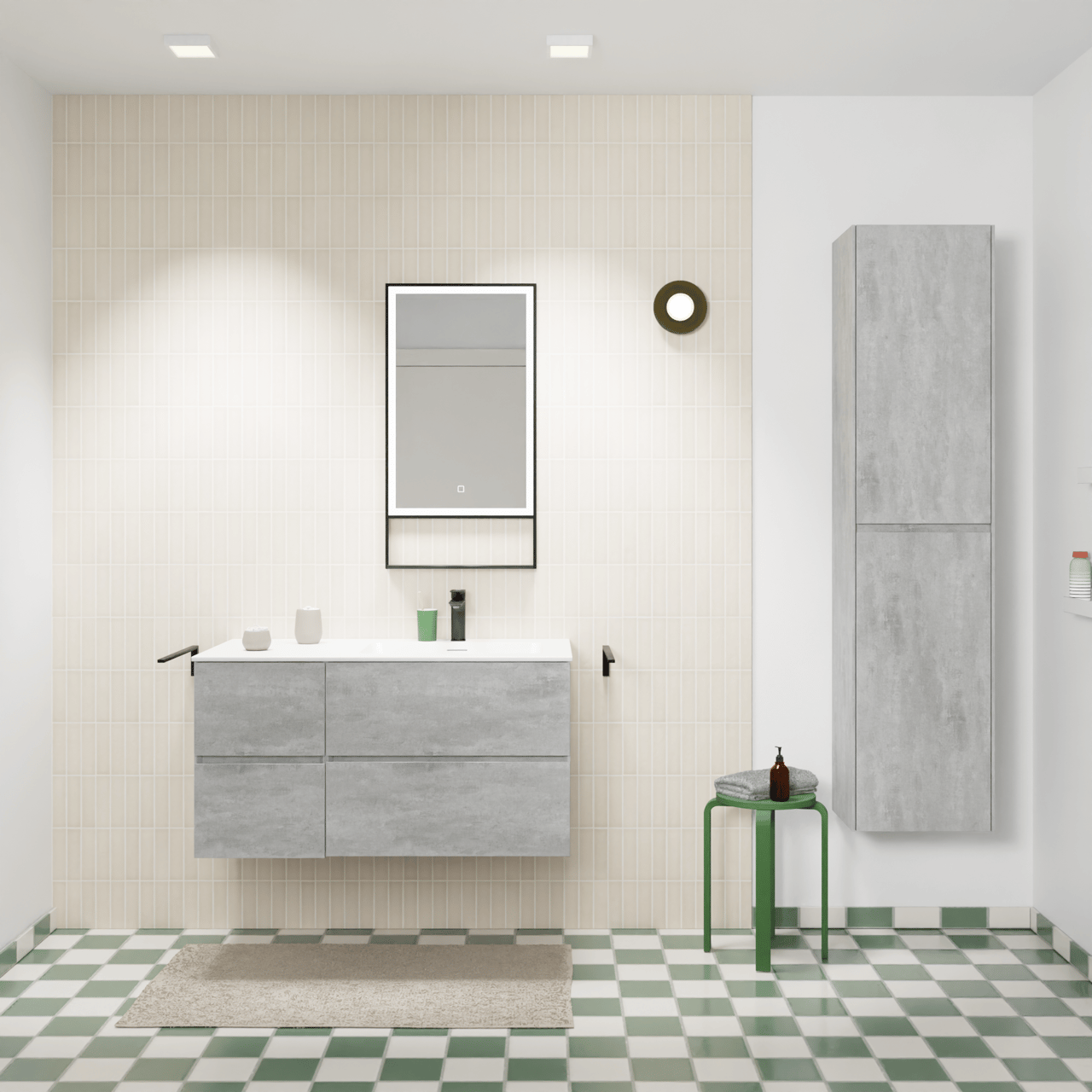 Storke Edge meuble salle de bains suspendu 100 x 52 cm béton gris foncé avec Mata plan vasque asymétrique à droite en solid surface blanc mat