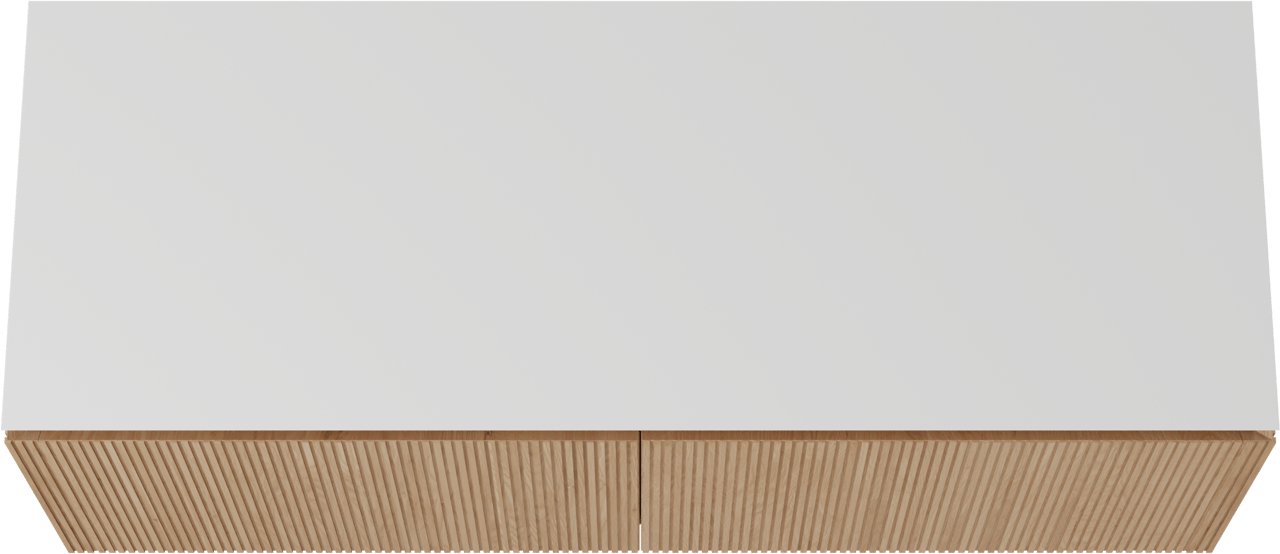 Balmani Eclips zwevend badkamermeubel 150 x 55 cm Natuur eik met Eclips enkel of dubbel tablet in Solid Surface mat wit, Verticale symmetrische rechte ribbel