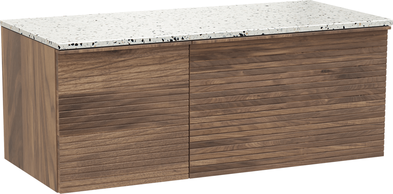 Balmani Forma zwevend badkamermeubel 120 x 55 cm amerikaanse notelaar met Stretto enkel of dubbel tablet in mat wit/zwart terrazzo, Horizontale symmetrische rechte ribbel