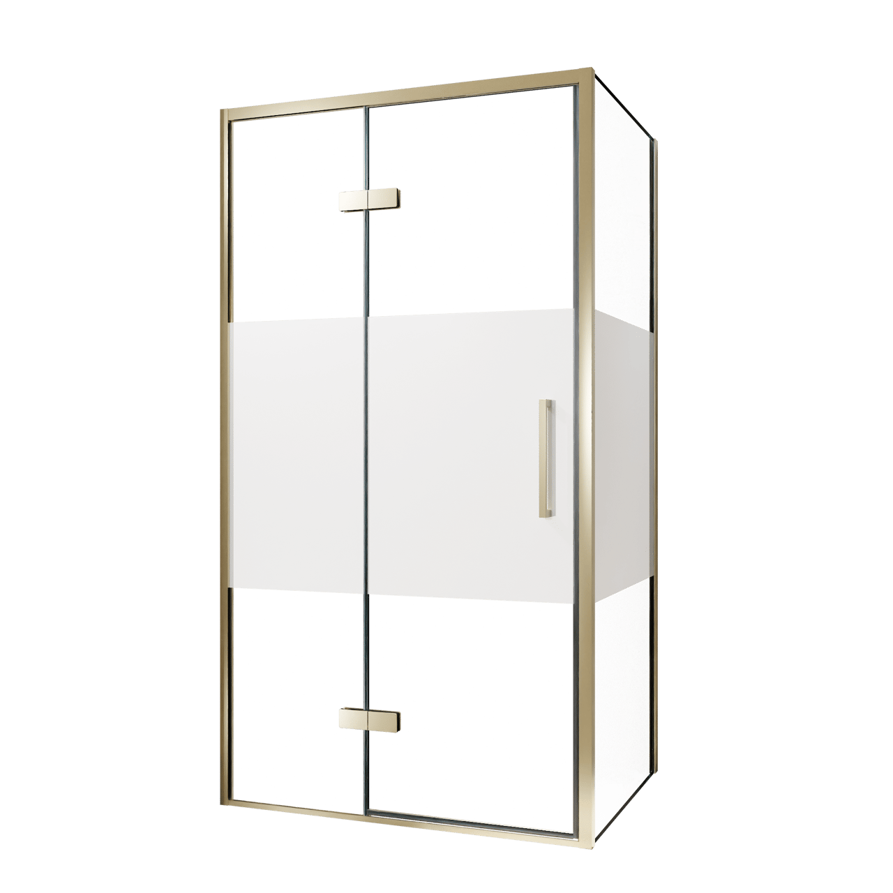 Balmani Senses Design douche en coin avec porte pivotante à gauche et paroi latérale fixe, 100 x 100 cm, Verre transparent avec bande matte, Profil Brushed Champagne Gold