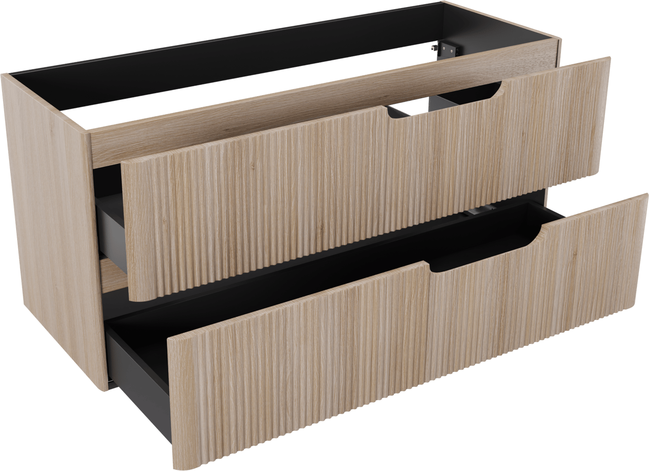 Linie Curvo hängender möbelstück Waschtischunterschränke 120 x 46 cm Eiche Hell 2 Schubladen, Vert. Sym. Rippe