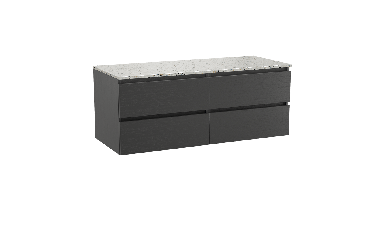 Balmani Lucida meuble salle de bains suspendu 135 x 55 cm chêne noir avec Stretto tablette simple ou double en blanc/noir mat terrazzo