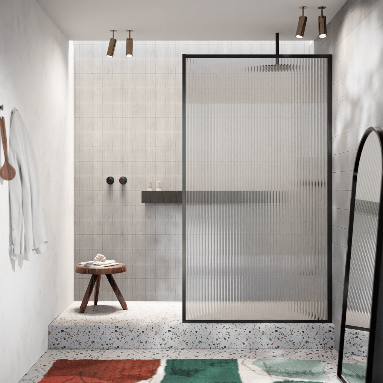Balmani Framed Walk-In-Dusche 120 x 210 cm Relief Glas, inklusive Coating, matt schwarz Profil