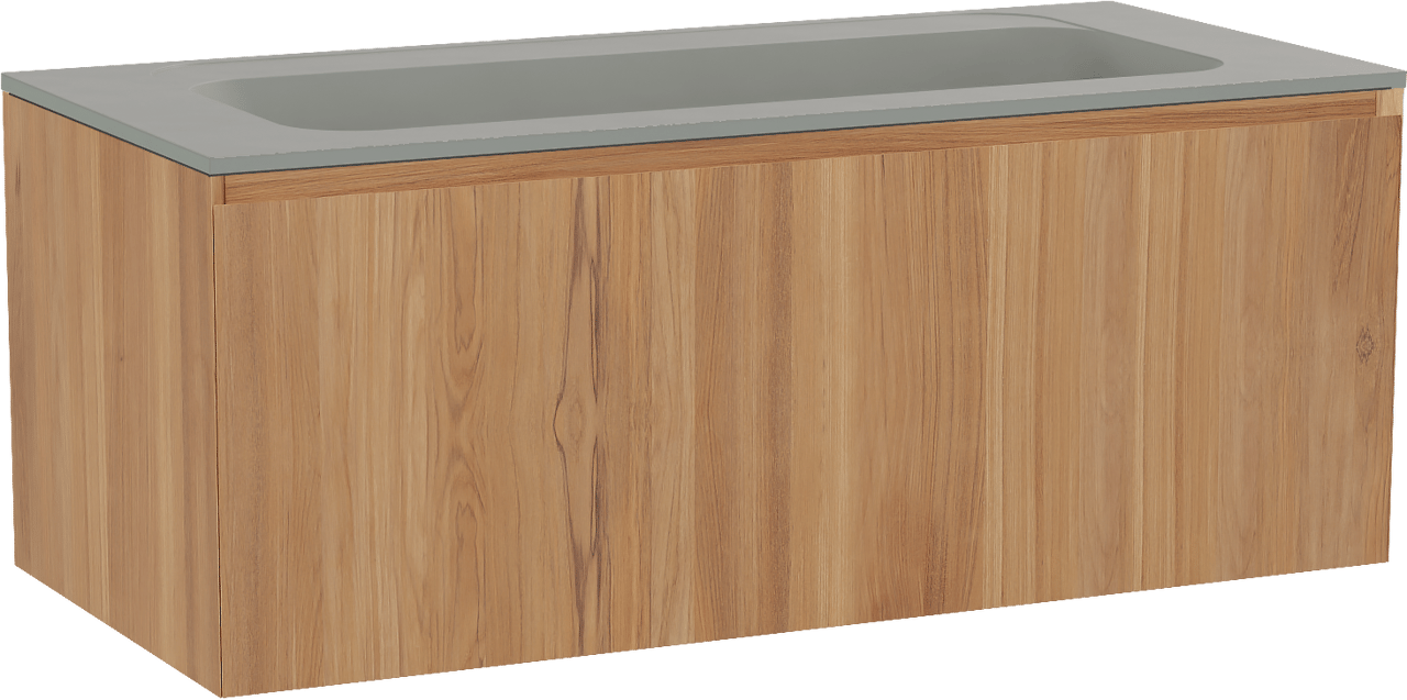 Balmani Idra by Mitra hängendes Möbelstück Set: 120 x 55 cm, Teak, mit Tablo Strada Einzelwaschtisch für 2 Armaturenlöcher, Marmorkomposit Seidengrau