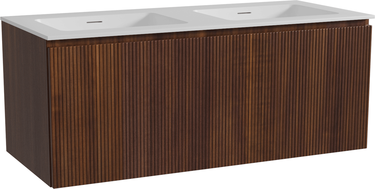 Storke Ribs zwevend badkamermeubel 120 x 52 cm notelaar met Mata dubbele wastafel in solid surface mat wit, Verticale symmetrische rechte ribbel