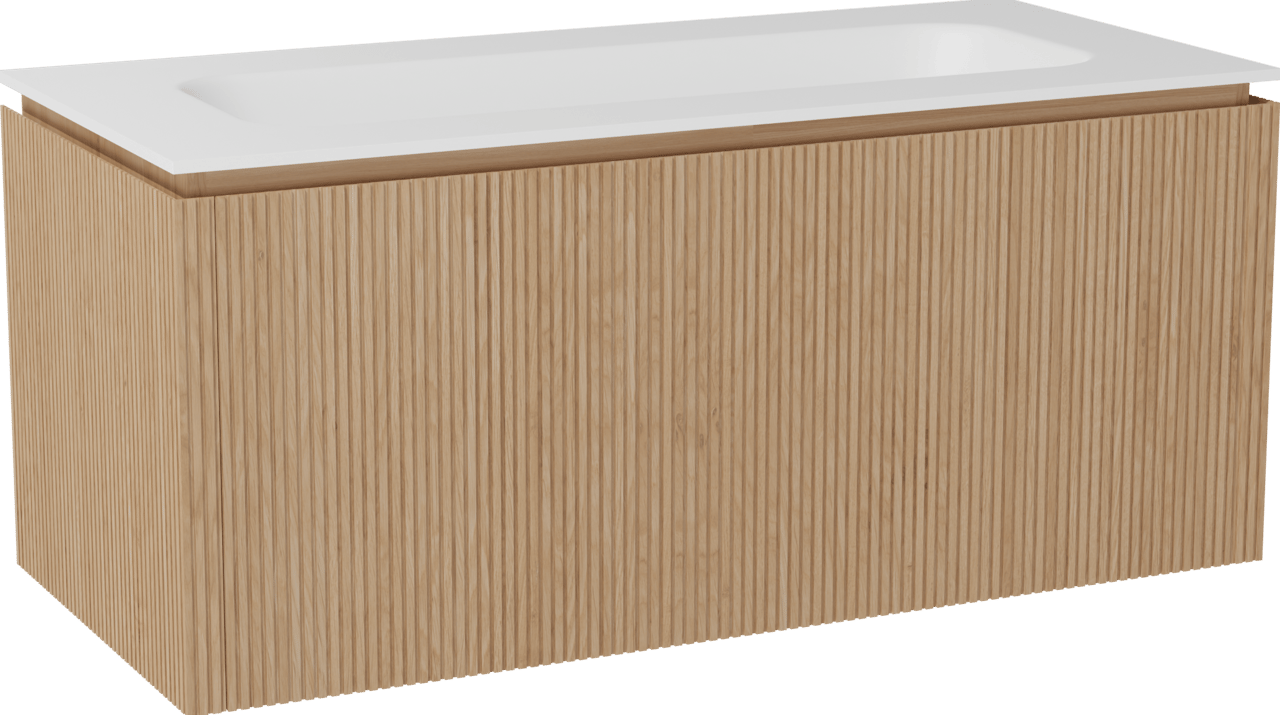 Balmani Eclips zwevend badmeubel 120 x 55 cm Natuur eiken met Tablo Arcato enkele wastafel in Solid Surface mat wit, Verticale symmetrische rechte ribbel
