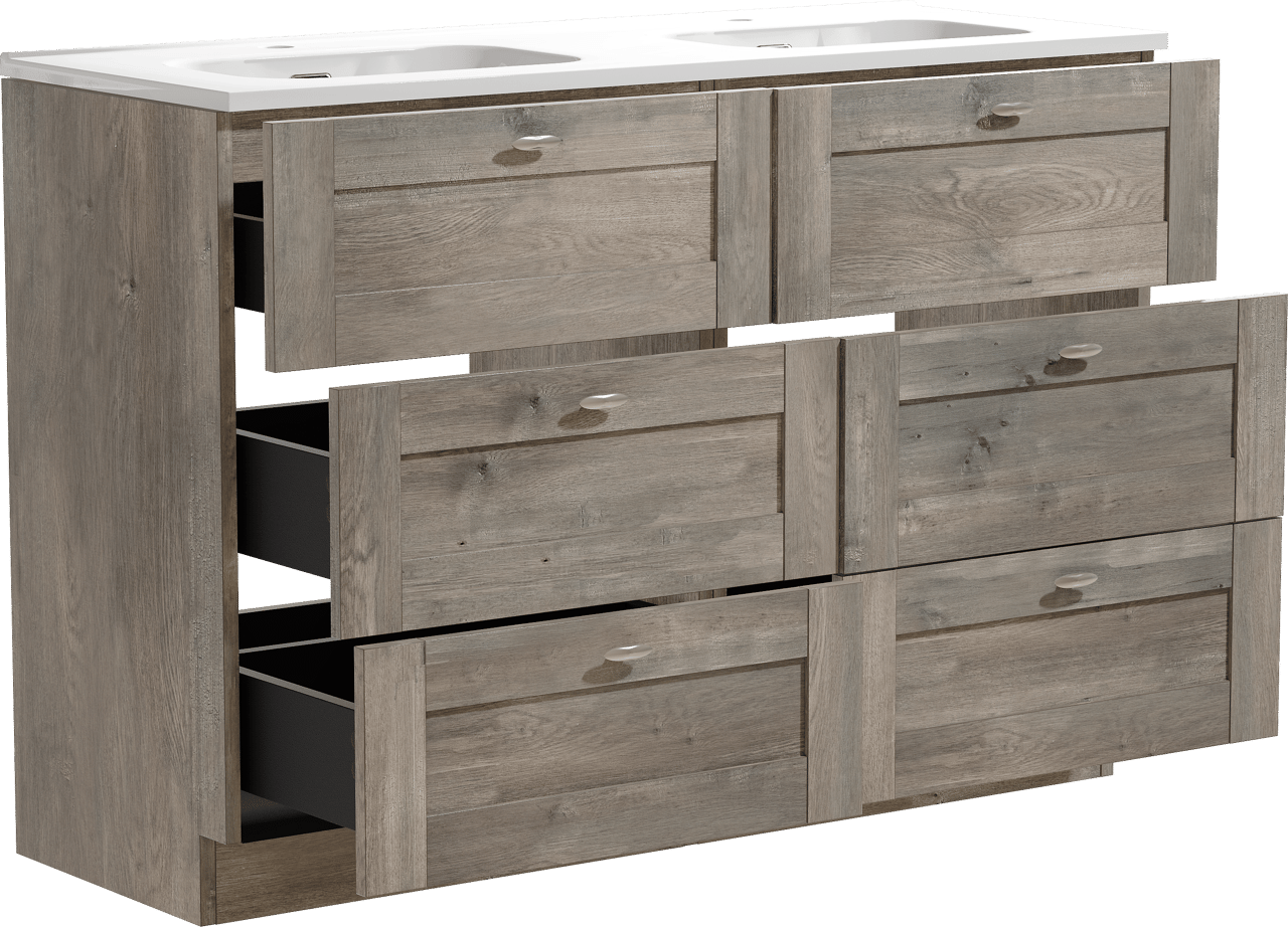 Linie Classo freistehendes Möbelstück Set: 120 x 46 cm, Graue Eiche, mit Baro Doppelwaschtisch, Porzellan Weiß glänzend