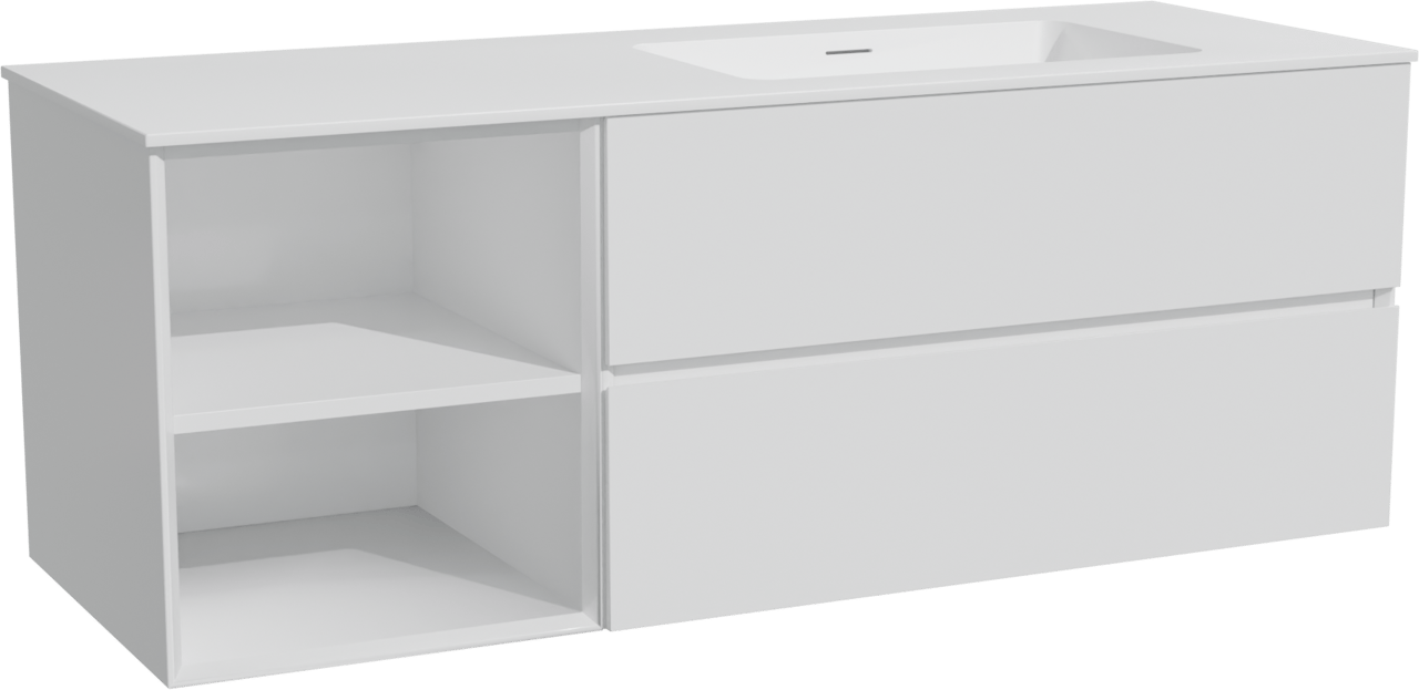 Storke Edge zwevend badkamermeubel 140 x 52 cm mat wit met Mata asymmetrisch rechtse wastafel in solid surface mat wit
