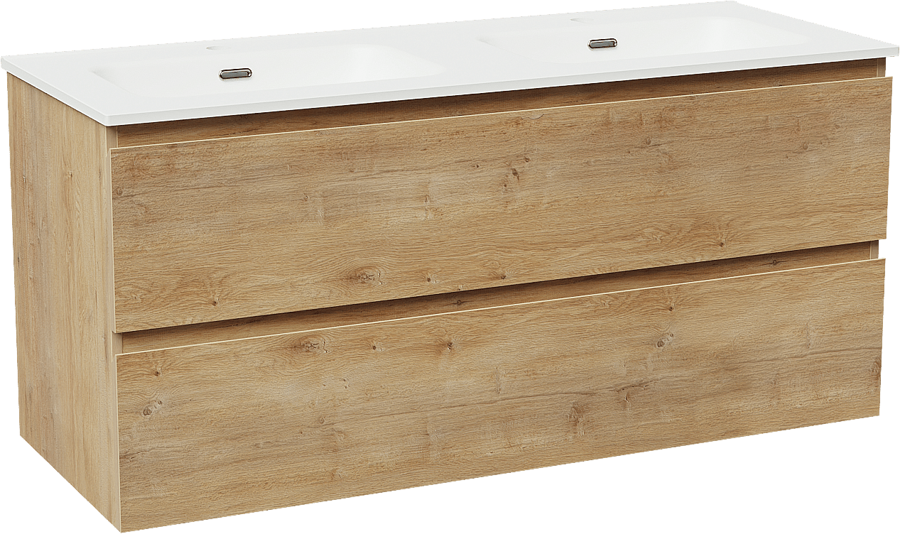 Linie Lado meuble salle de bains suspendu 120 x 46 cm chêne naturel avec Baro double vasque en porcelaine blanc mat