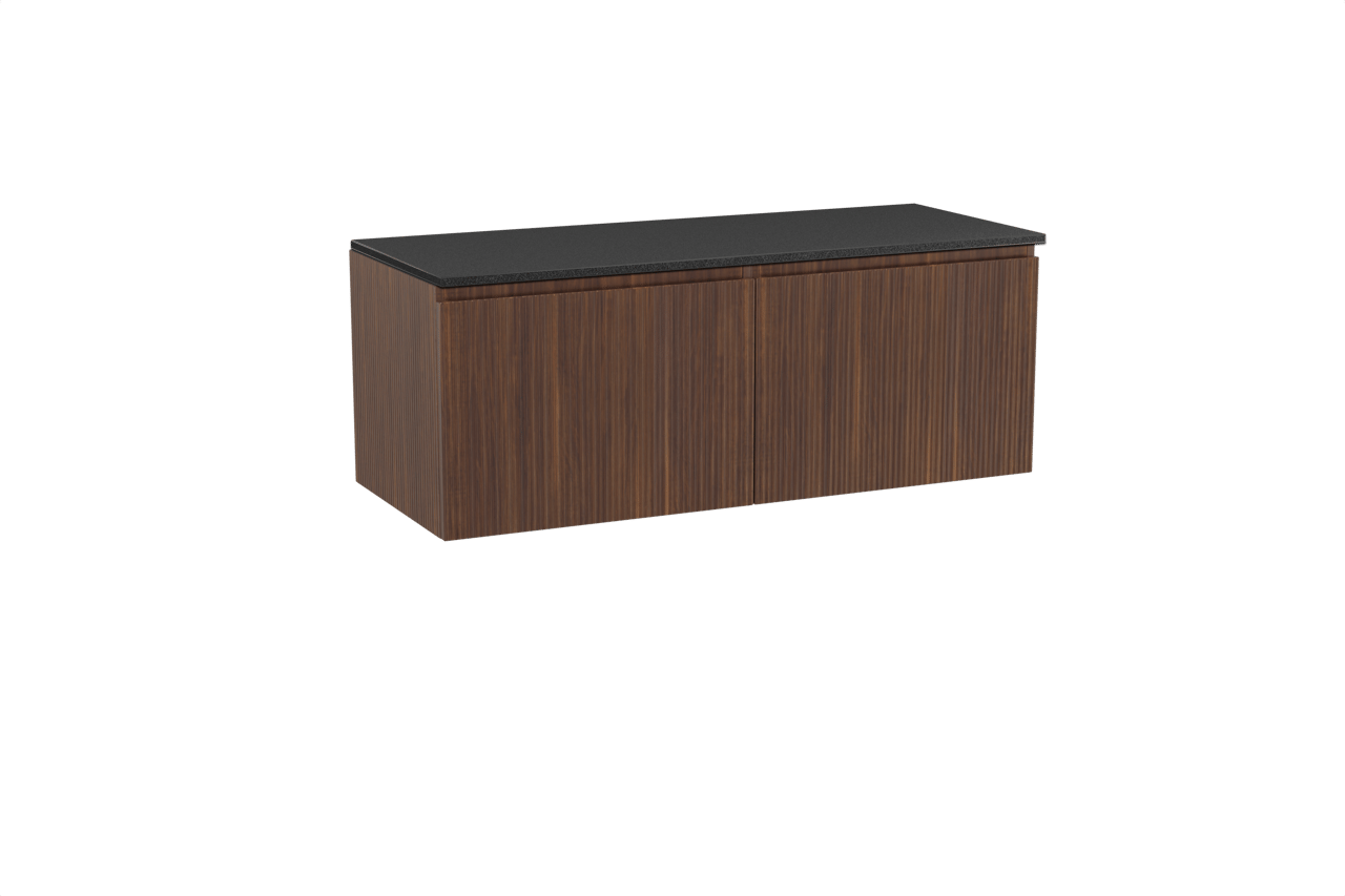 Storke Ribs hängendes Möbelstück Set: 130 x 52 cm, Nussbaum, mit Panton Einzel- oder Doppel Waschtischplatte, Pulverbeschichtetes MDF, Schwarz matt, Vertikale symmetrische gerade Rippe