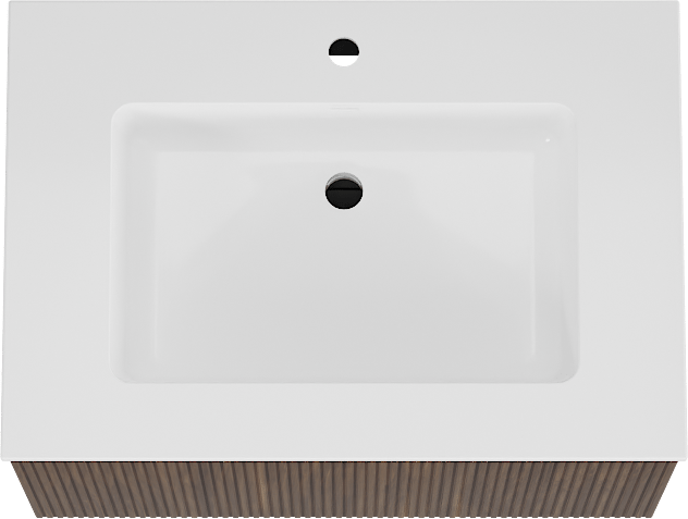 Storke Ribs meuble salle de bains suspendu 75 x 52 cm noyer avec Bilia plan simple en marbre composite blanc brillant, Nervure droite symétrique verticale