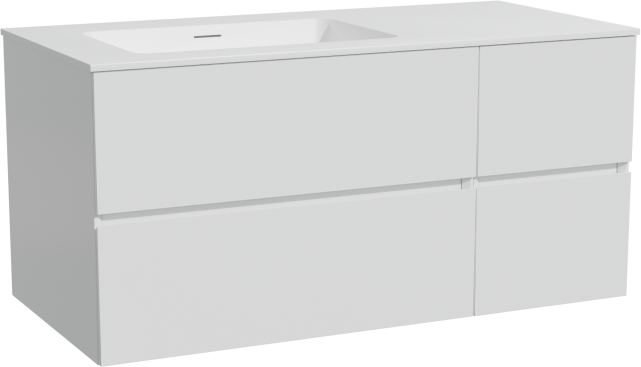 Storke Edge meuble salle de bains suspendu 110 x 52 cm blanc brillant avec Mata plan vasque asymétrique à gauche en solid surface blanc mat