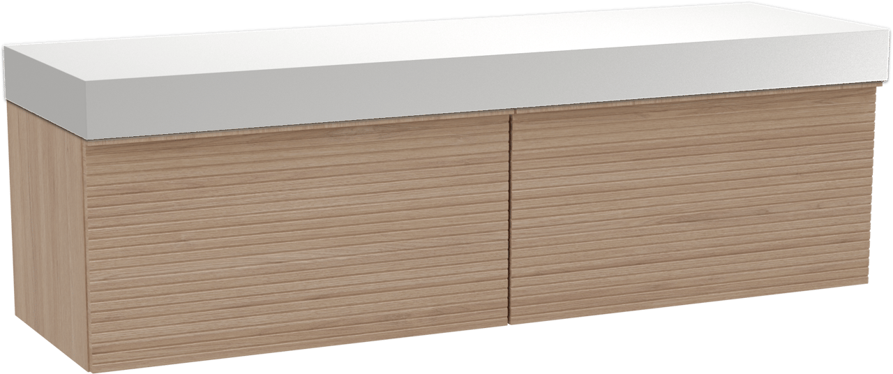 Balmani Forma zwevend badmeubel 180 x 55 cm naturel eiken met Dominus enkel of dubbel wastafelblad in solid surface mat wit, Horizontale symmetrische rechte ribbel