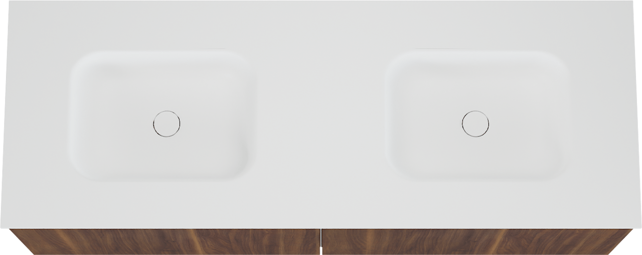 Balmani Sfera by Lucida zwevend badkamermeubel 150 x 55 cm amerikaanse notelaar met Tablo Arcato dubbele wastafel in solid surface mat wit