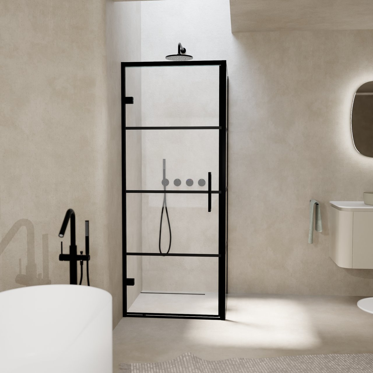 Balmani Senses Design douchehoek met linkse draaideur en vaste zijwand, 90 x 80 cm, Lined, Zwarte profielen, met coating