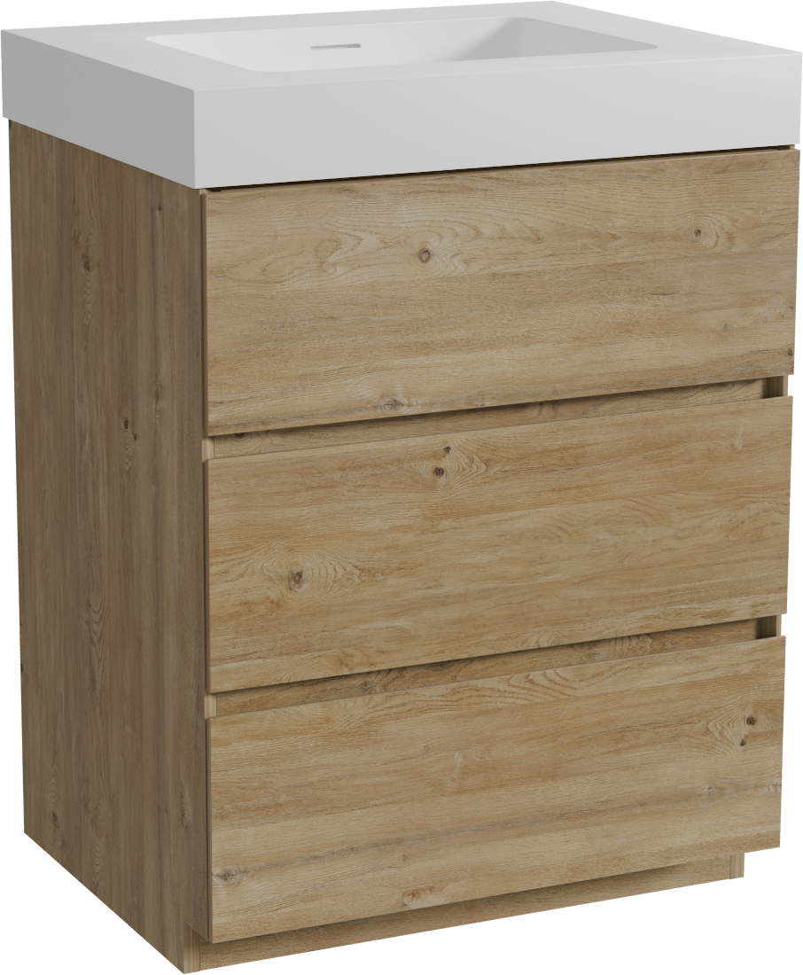 Storke Edge staand badmeubel 65 x 52 cm ruw eiken met Mata High enkele wastafel in solid surface mat wit