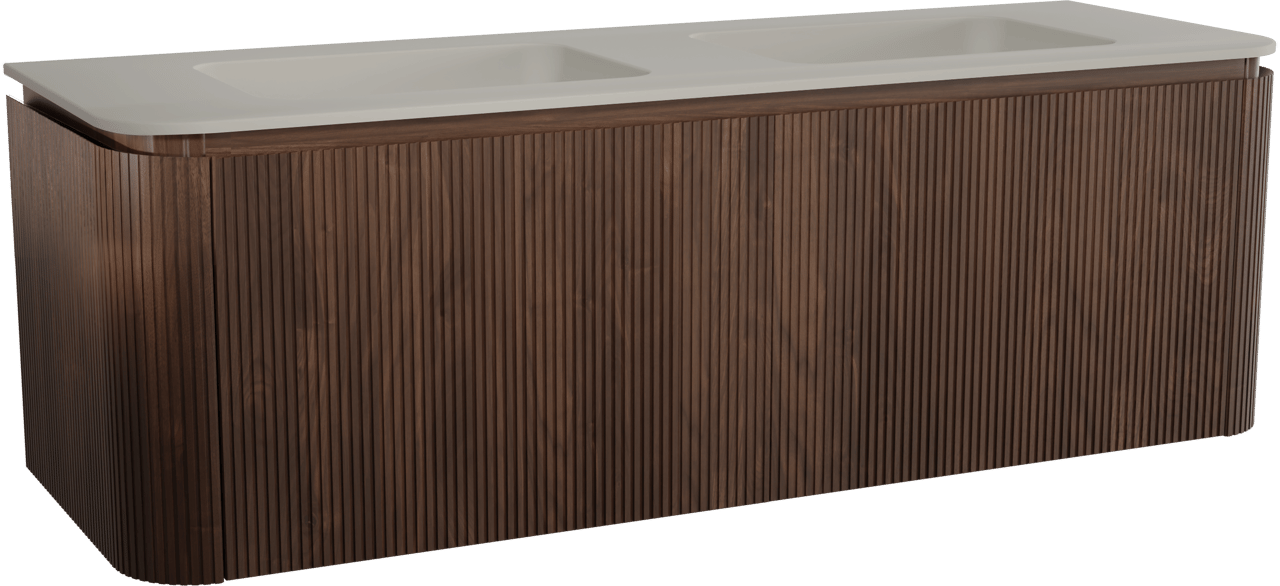 Balmani Moon zwevend badkamermeubel 160 x 55 cm amerikaanse notelaar met Moon dubbele wastafel in top solid zijdegrijs, Verticale symmetrische rechte ribbel