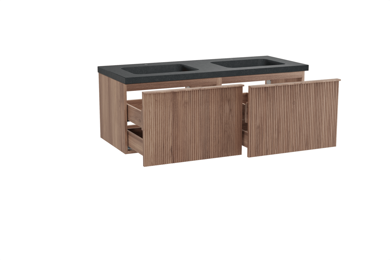Balmani Forma zwevend badkamermeubel 135 x 55 cm teak met Napoli dubbele wastafel in graniet zwart, Verticale symmetrische rechte ribbel