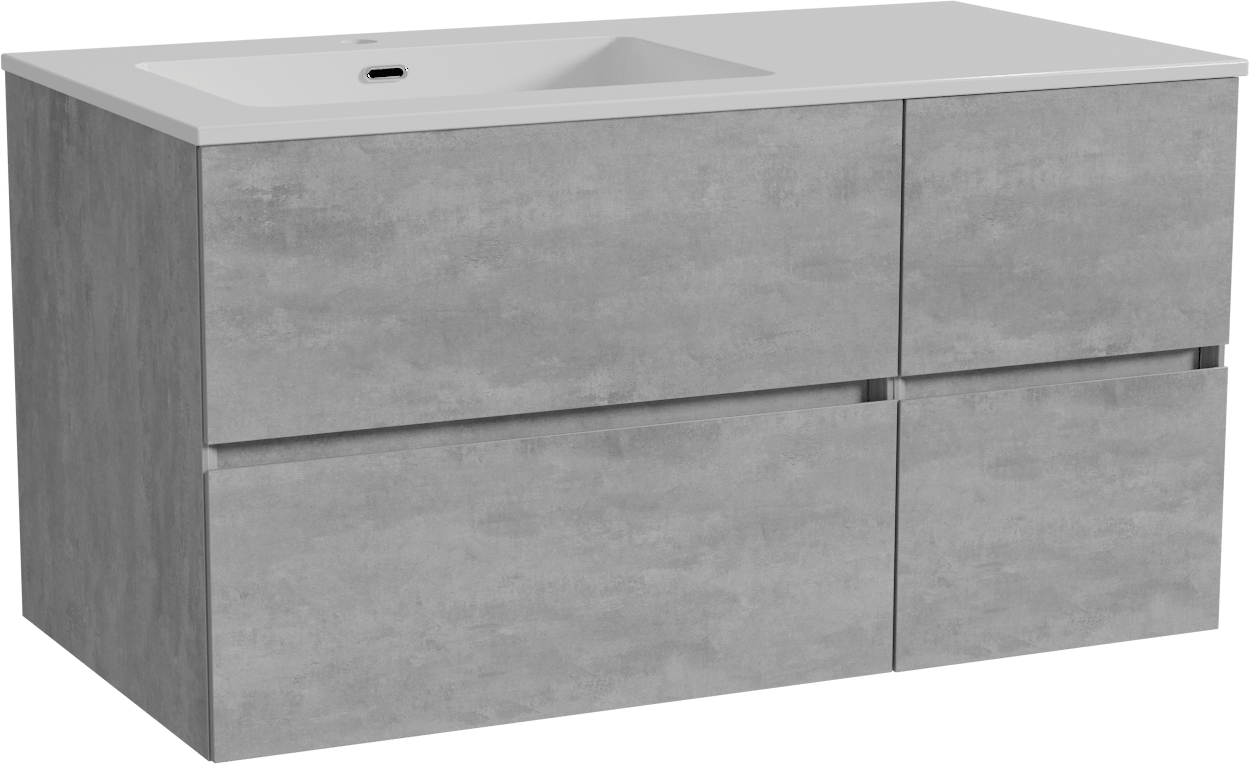 Storke Edge meuble salle de bains suspendu 100 x 52 cm béton gris foncé avec Diva plan vasque asymétrique à gauche en marbre composite blanc brillant