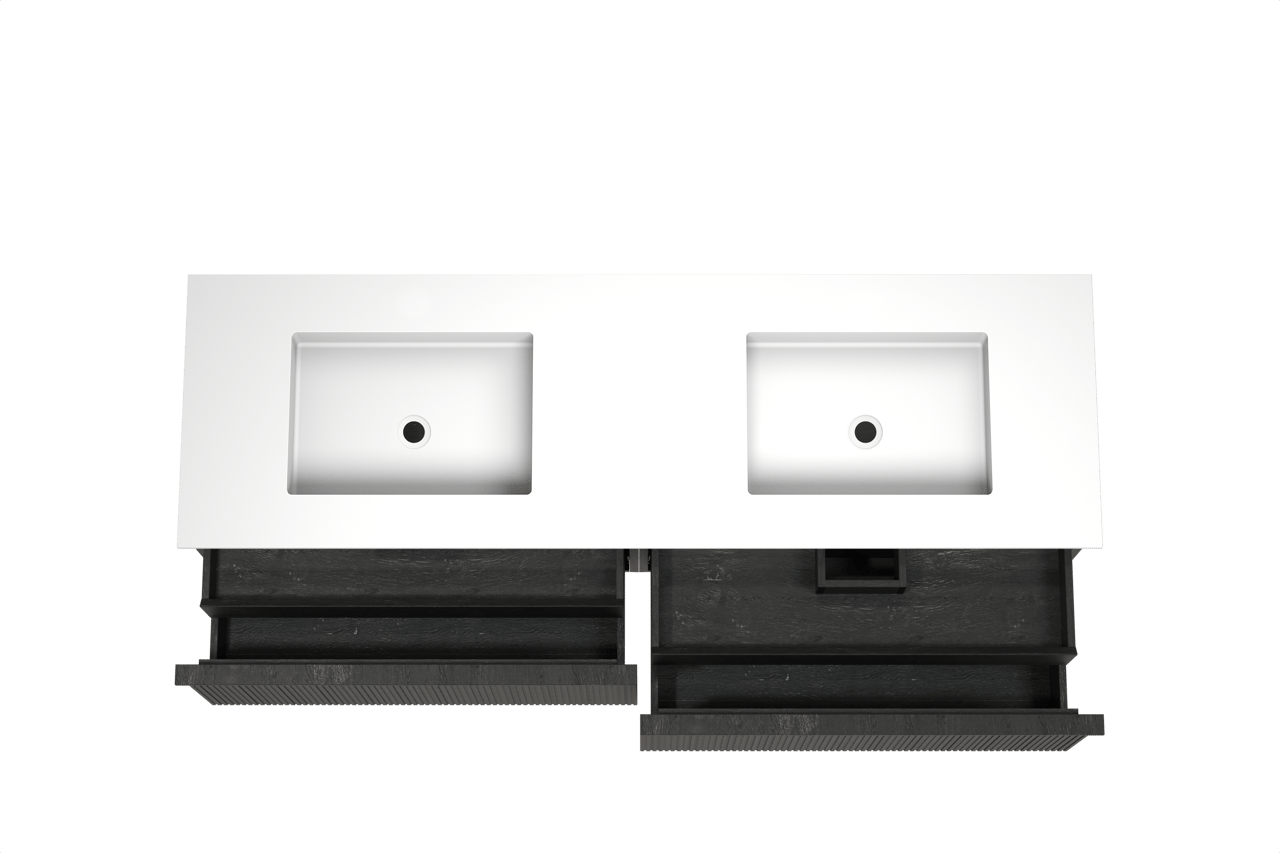 Balmani Forma zwevend badkamermeubel 180 x 55 cm zwarte eik met Tablo Stretto dubbele wastafel in solid surface mat wit, Verticale symmetrische rechte ribbel