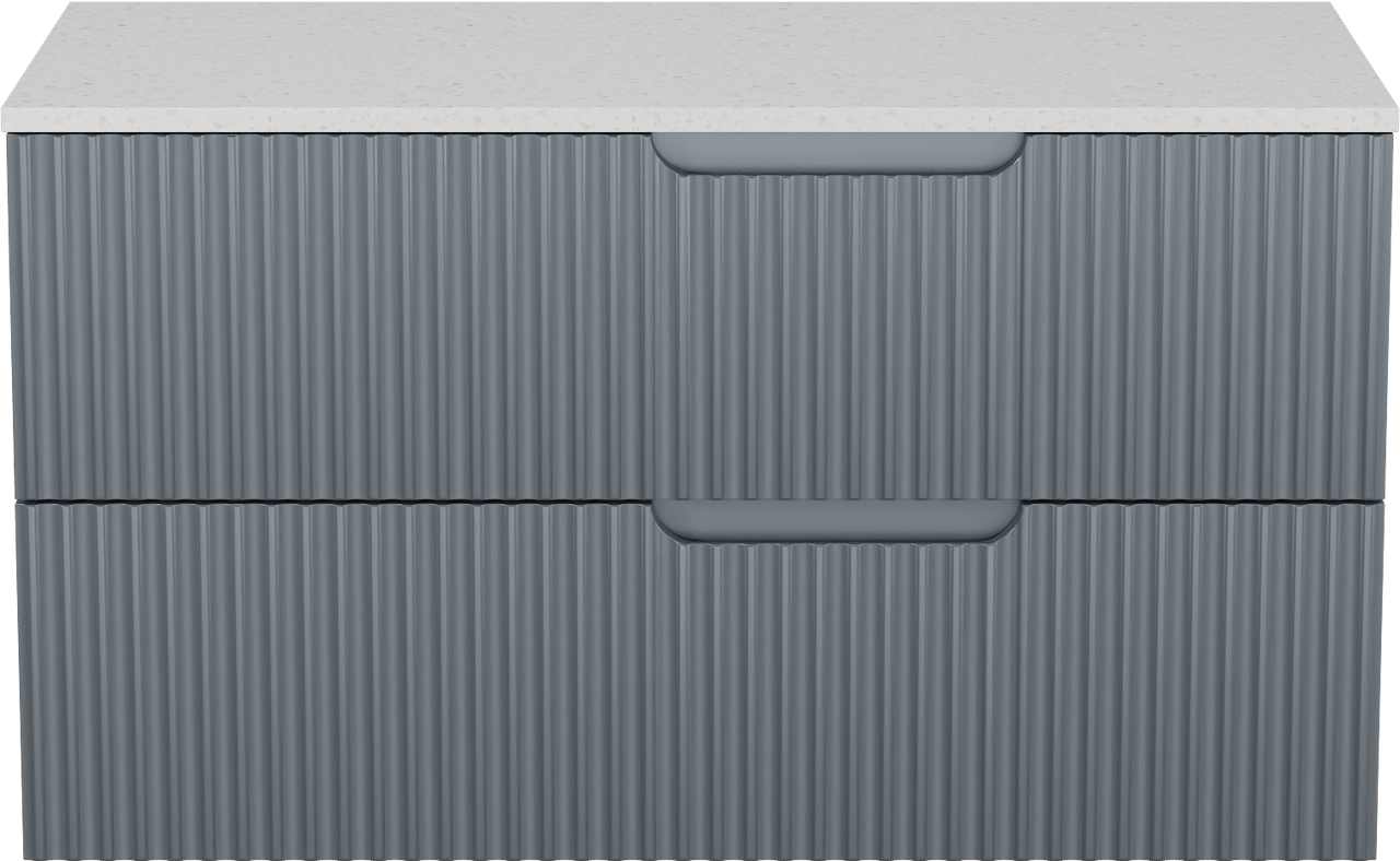 Linie Ribbo zwevend badkamermeubel 100 x 46 cm blauw antraciet met Lado enkel of dubbel tablet in melamine terrazzo wit, Verticale symmetrische ronde ribbel