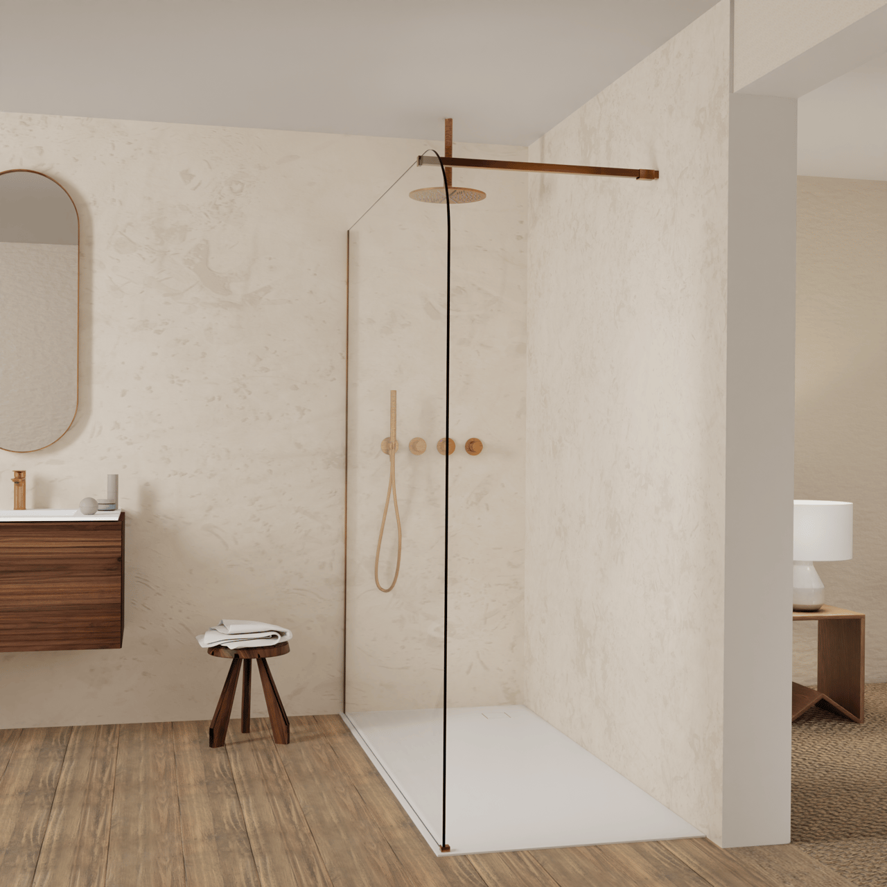 Balmani Modular inloopdouche: 180 x 200 cm, Helder glas afgerond met coating, Brushed Rosegold profielen