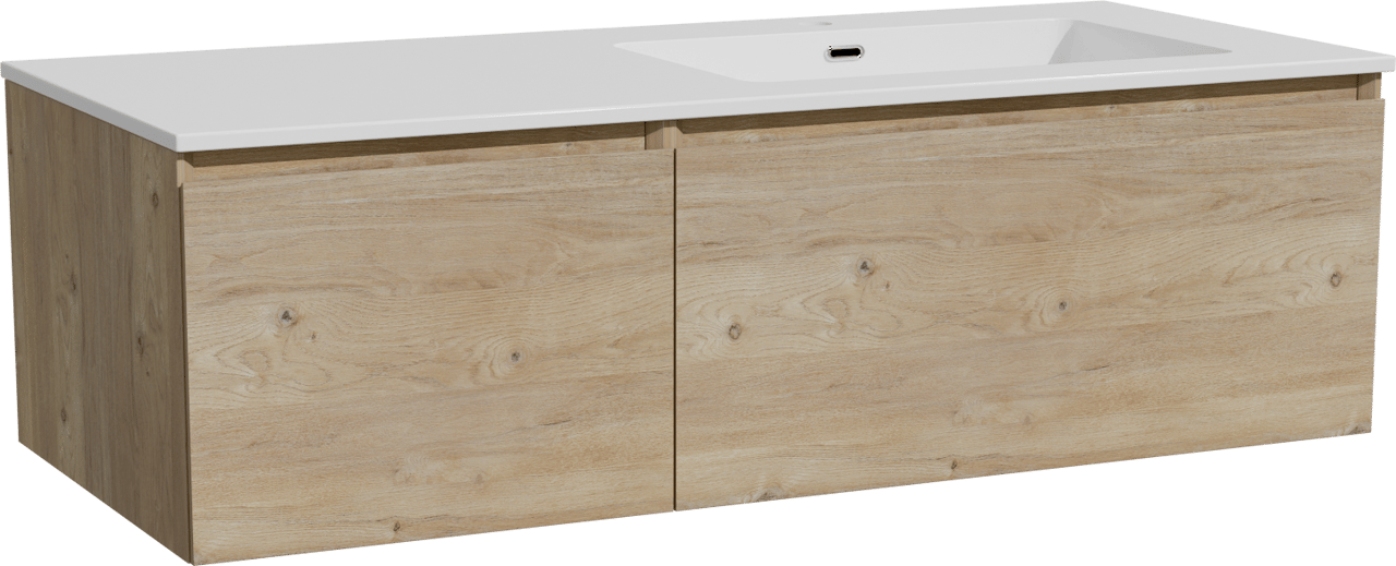 Storke Edge meuble salle de bains suspendu 120 x 52 cm chêne brut avec Diva plan vasque asymétrique à droite en marbre composite blanc brillant