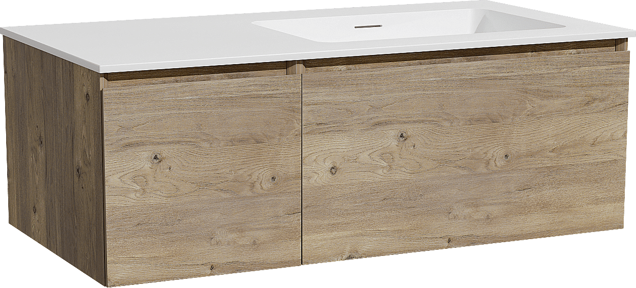 Storke Edge zwevend badmeubel 100 x 52 cm ruw eiken met Mata asymmetrisch rechtse wastafel in solid surface mat wit