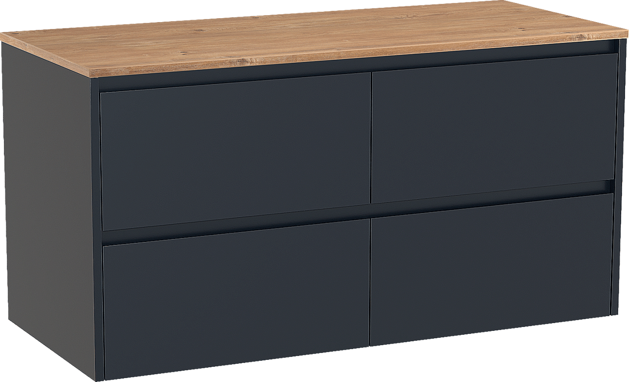 Storke Seda zwevend badkamermeubel 120 x 52 cm nachtblauw met Panton enkel of dubbel tablet in melamine ruwe eik
