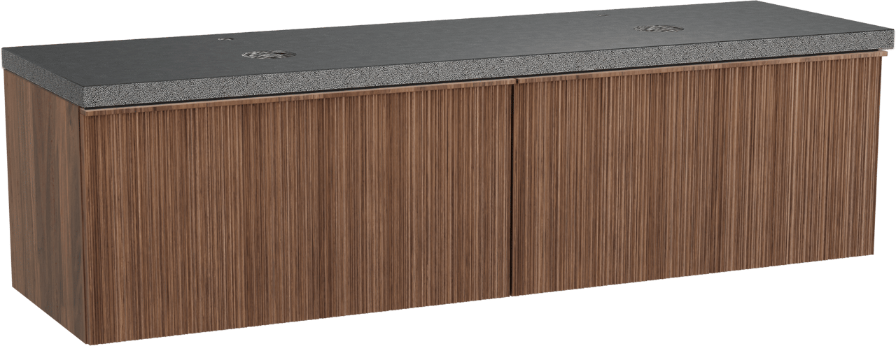 Balmani Forma zwevend badkamermeubel 180 x 55 cm amerikaanse notelaar met Rock dubbel tablet in graniet zwart, Verticale asymmetrische ronde ribbel