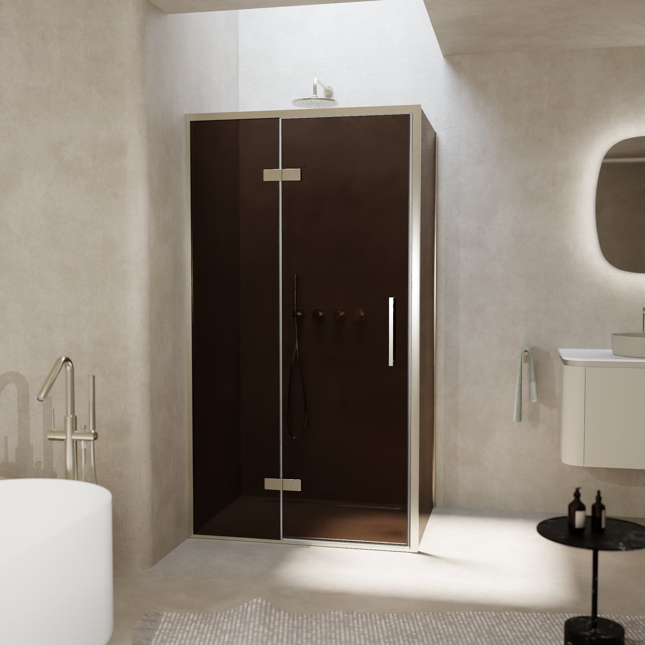 Balmani Senses Design douche en coin avec porte pivotante à gauche et paroi latérale fixe, 100 x 100 cm, Bronze, Profil Brushed CoolMetal, coating inclus