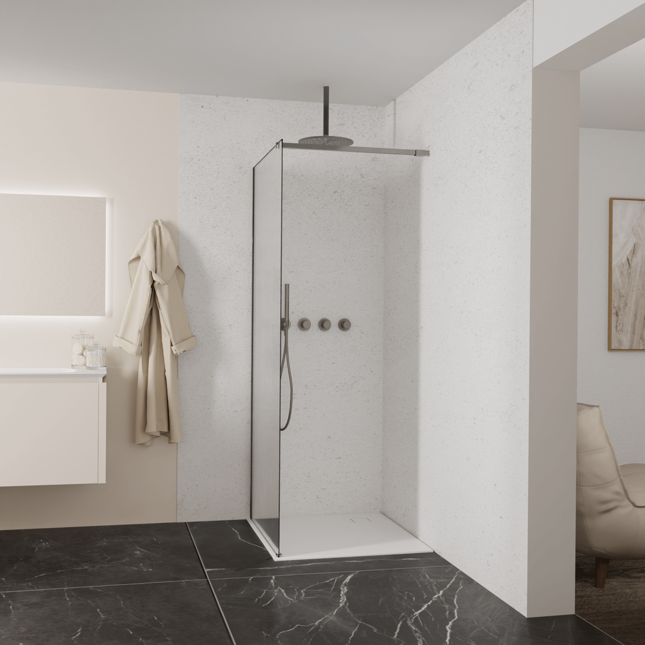 Balmani Modular Walk-In Dusche: 90 x 200 cm, Ribs, inklusive Coating, Profil Brushed GunMetal