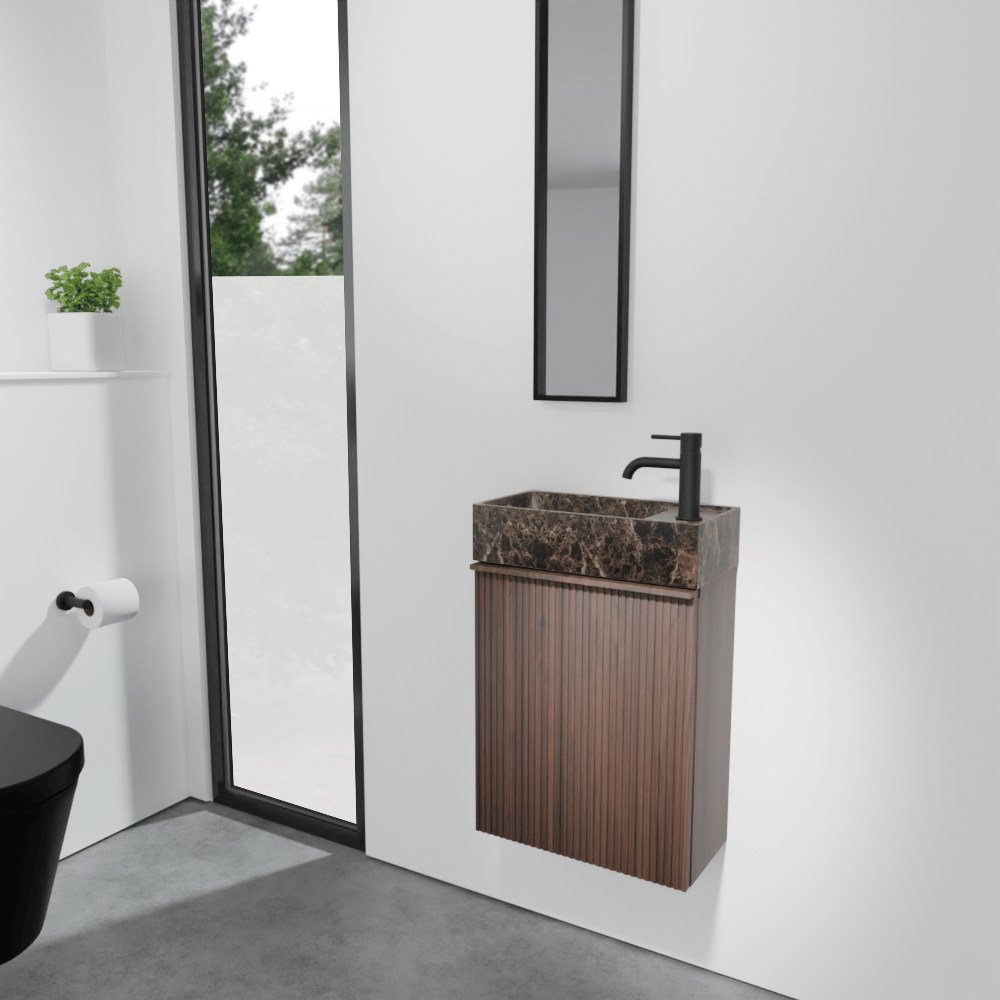 Balmani Forma meuble wc suspendu 42 x 21 cm noyer américain avec Dama lavabo en marbre Dark Emperador