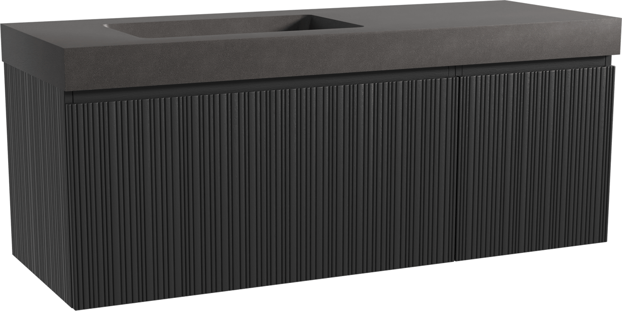 Storke Ribs zwevend badmeubel 140 x 52 cm zwart eiken met Scuro High asymmetrisch linkse wastafel in kwarts mat zwart, Verticale asymmetrische rechte ribbel