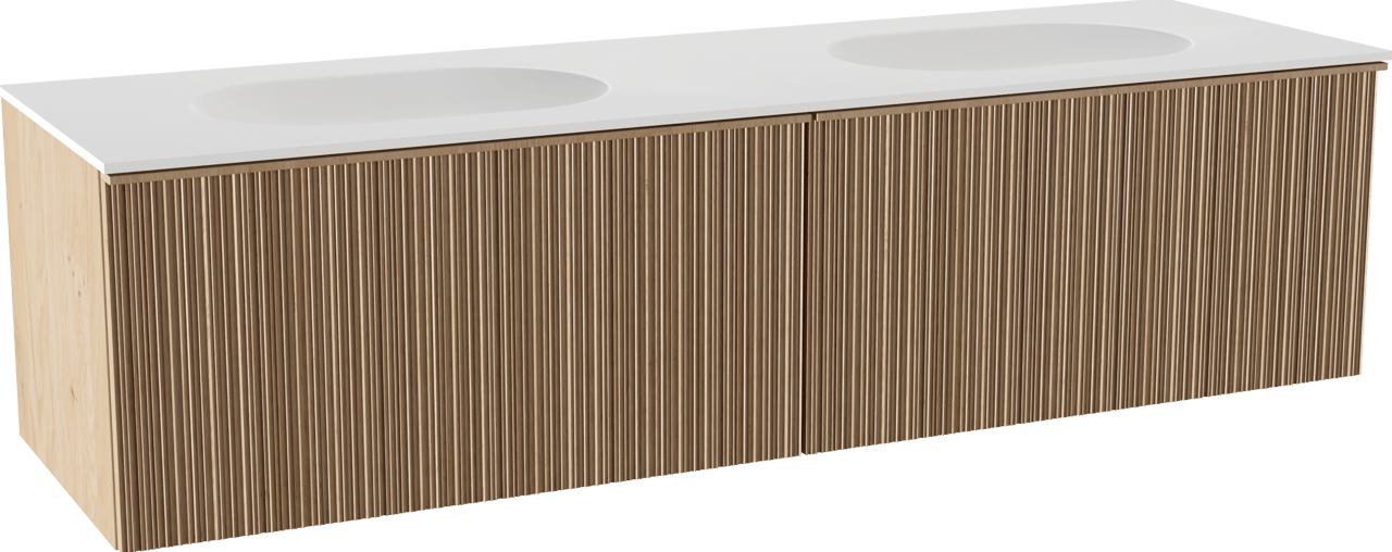 Balmani Forma zwevend badmeubel 180 x 55 cm naturel eiken met Tablo Oval dubbele wastafel in solid surface mat wit, Verticale asymmetrische ronde ribbel