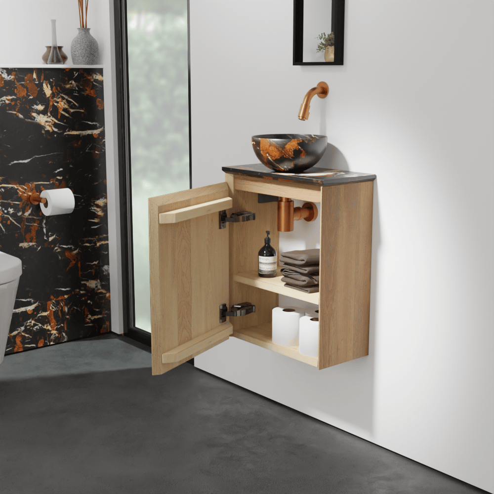 Balmani Mitra meuble wc suspendu 42 x 21 cm chêne naturel avec Facetta tablette et Bari XS vaque à poser en marbre Portoro Gold