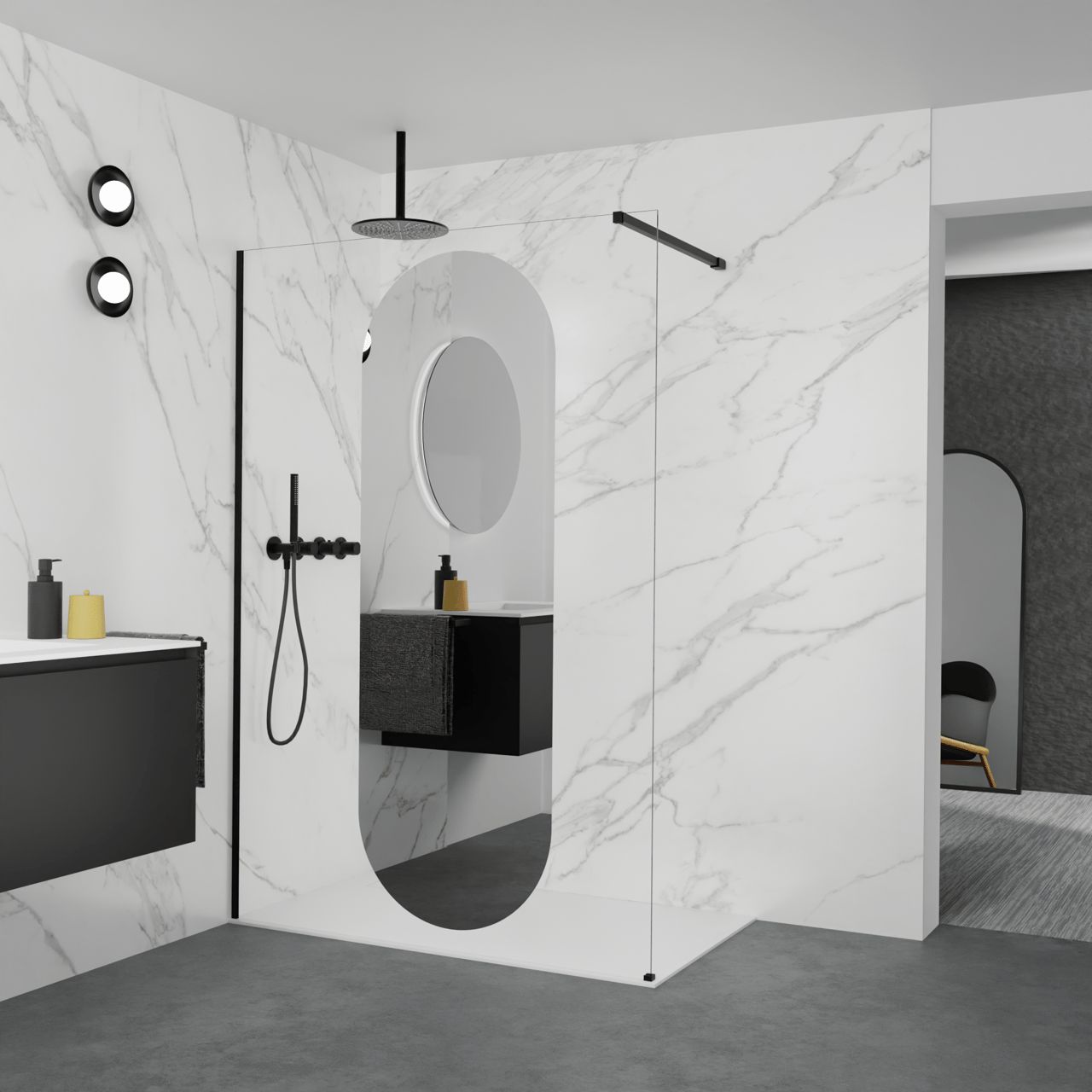 Balmani Modular inloopdouche: 140 x 200 cm, Reflex ovaal spiegelglas, Mat zwarte profielen