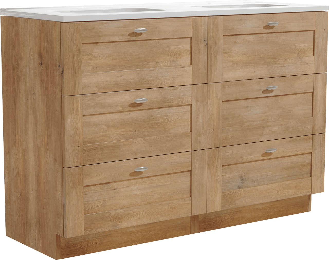 Linie Classo freistehendes Möbelstück Set: 120 x 46 cm, Naturbelassene Eiche, mit Baro Doppelwaschtisch, Porzellan Weiß glänzend