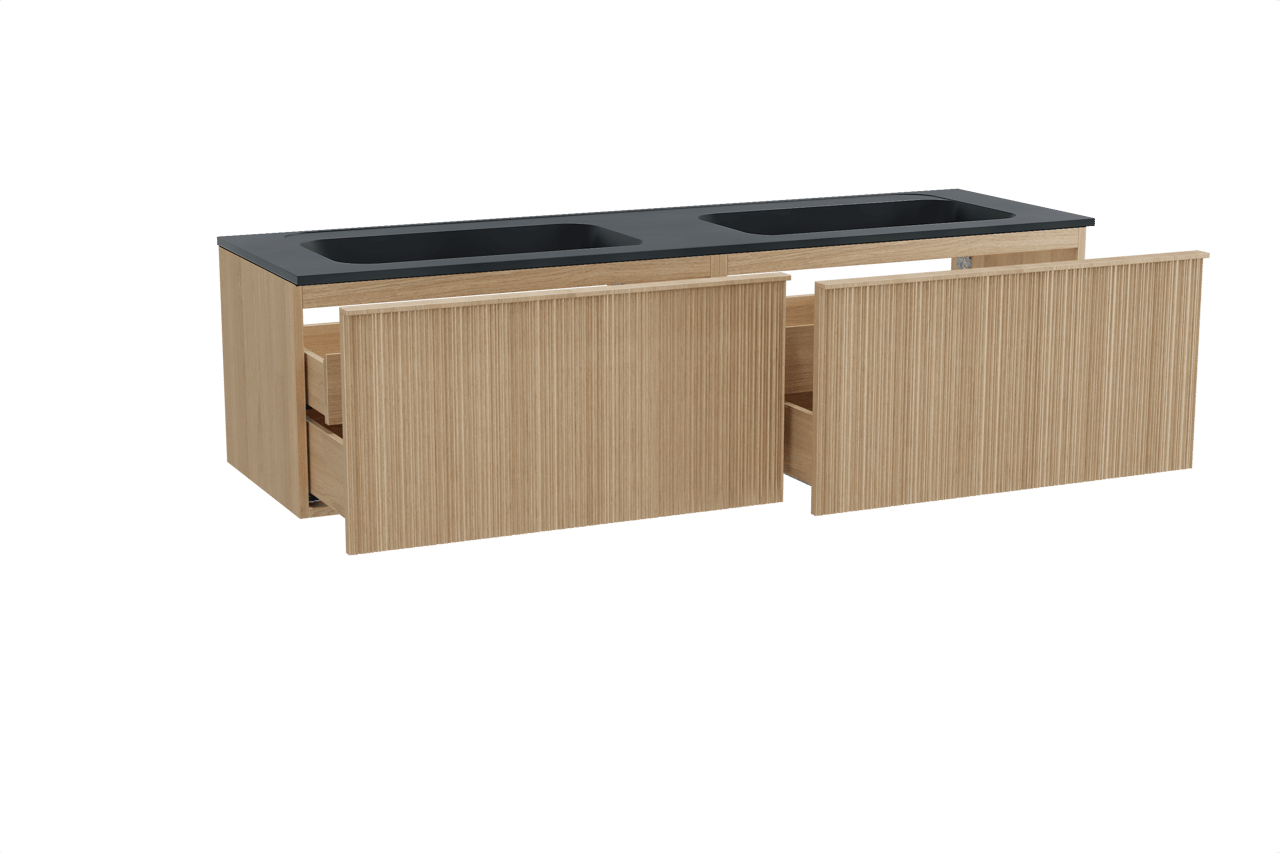 Balmani Forma zwevend badkamermeubel 180 x 55 cm natuur eik met Tablo Strada dubbele wastafel in composietmarmer mat zwart, Verticale asymmetrische ronde ribbel