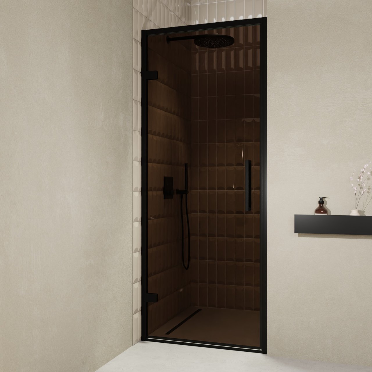 Balmani Senses Design douche draaideur links 90 cm x 210 cm Brons glas, Zwarte profielen, met coating
