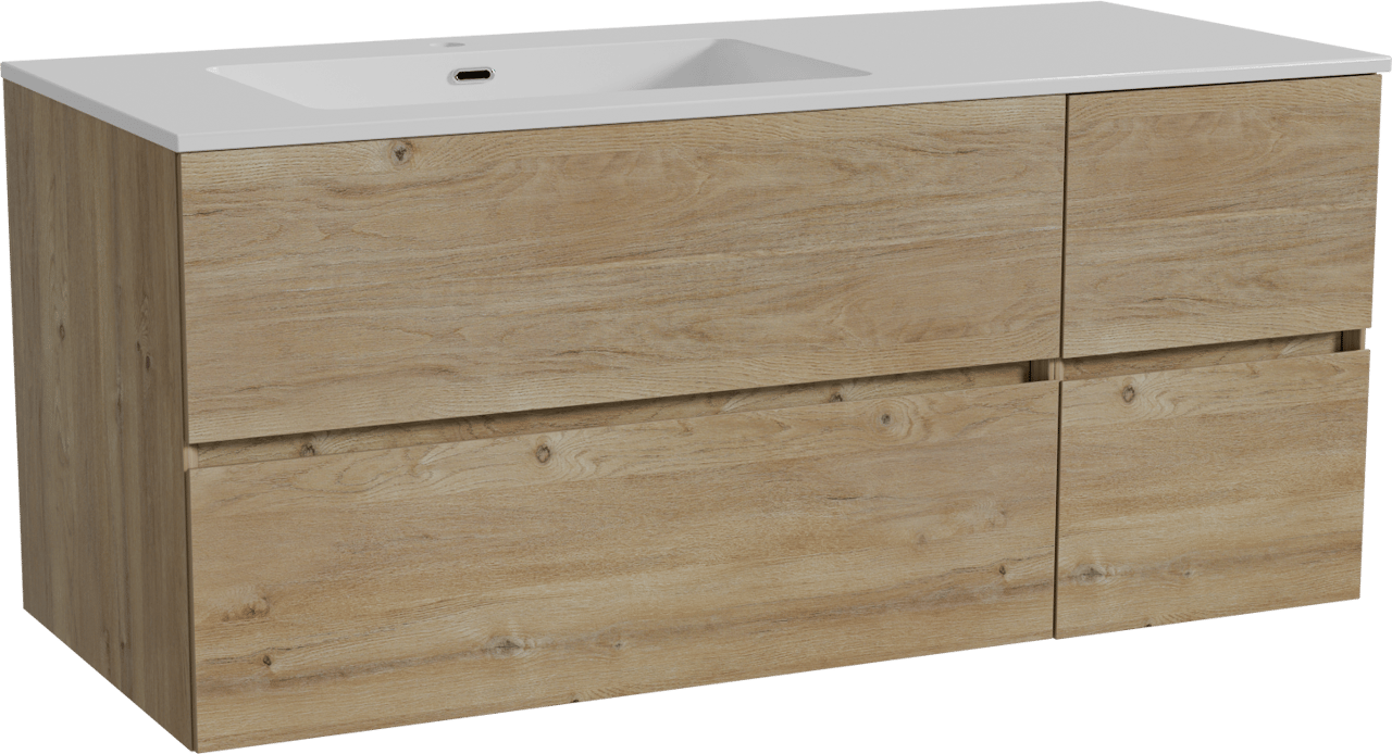 Storke Edge zwevend badmeubel 120 x 52 cm ruw eiken met Diva asymmetrisch linkse wastafel in composietmarmer hoogglans wit