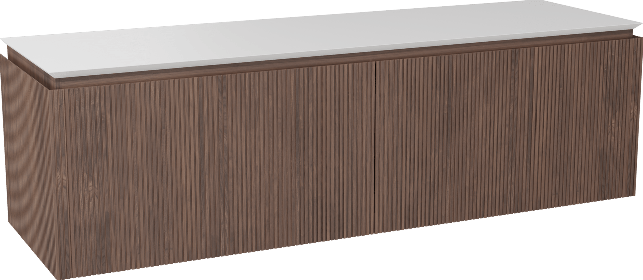 Balmani Eclips meuble salle de bains suspendu 180 x 55 cm Noyer américain avec Eclips tablette simple ou double vasque en Solid Surface blanc mat, Nervure droite symétrique verticale