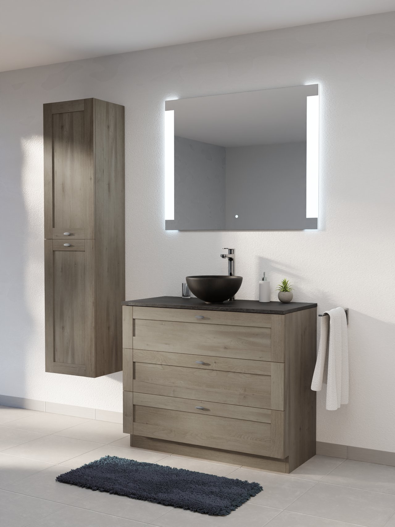 Linie Classo freistehendes Möbelstück Set: 100 x 46 cm, Graue Eiche, mit Lado Einzel- oder Doppel Waschtischplatte, Melamin Schiefergrau