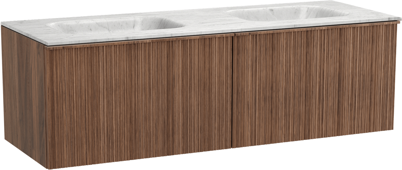 Balmani Forma zwevend badmeubel 150 x 55 cm amerikaans notenhout met Tablo Arcato dubbele wastafel in marmer carrara, Verticale asymmetrische ronde ribbel