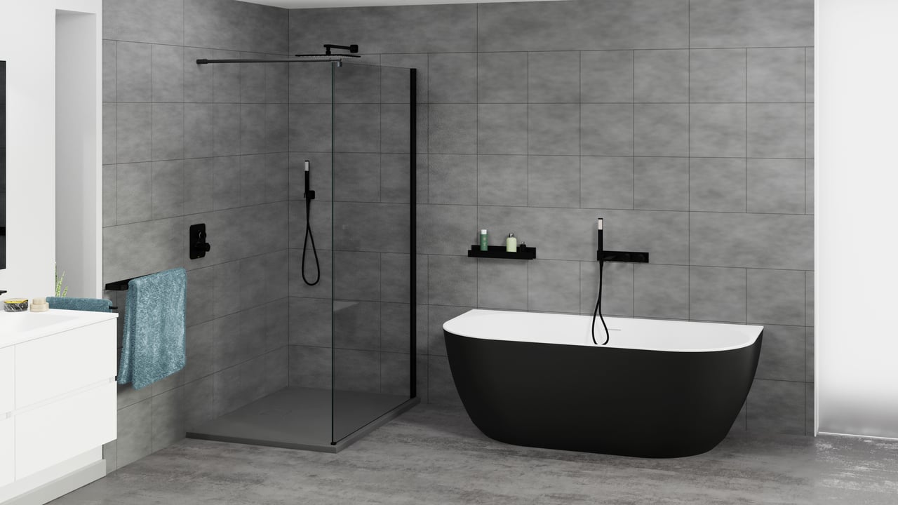 Luca Varess Otello 2-Personen halb freistehende Badewanne: 170 x 80 cm, Acryl, Schwarz Matt