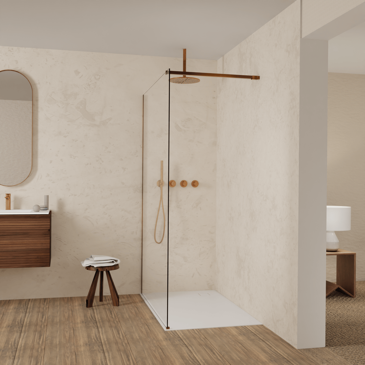 Balmani Modular inloopdouche: 130 x 200 cm, Helder glas, Brushed Rosegold profielen
