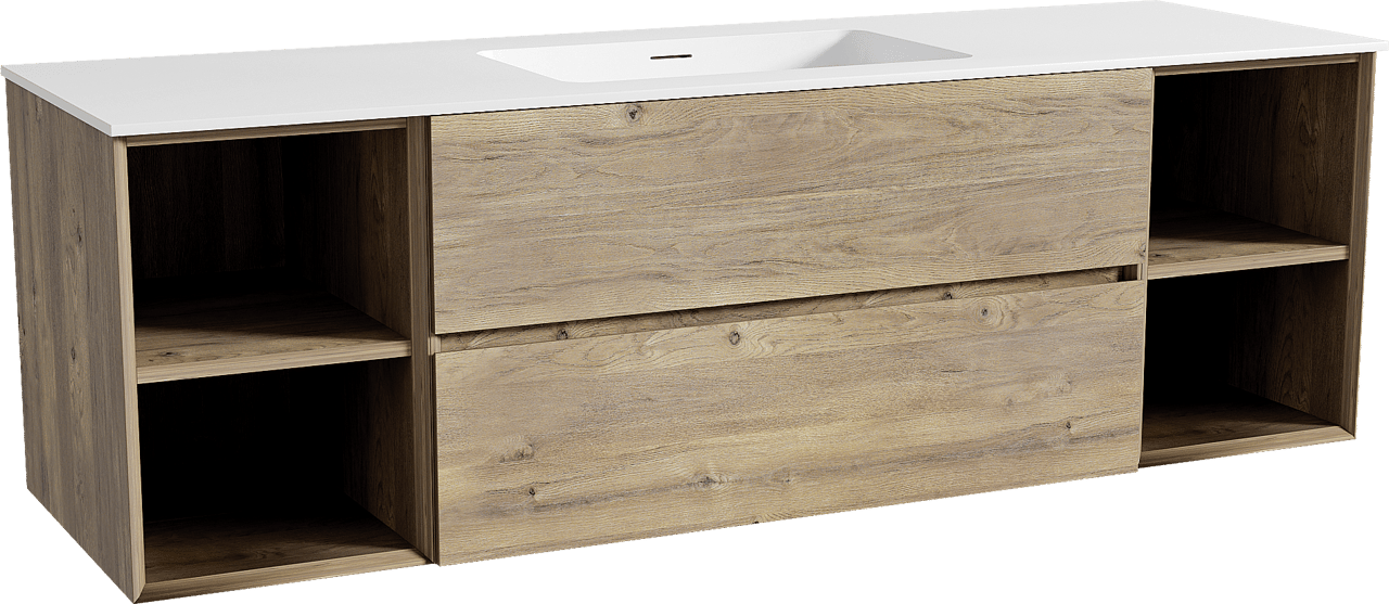 Storke Edge zwevend badmeubel 165 x 52 cm ruw eiken met Mata enkele wastafel in solid surface mat wit