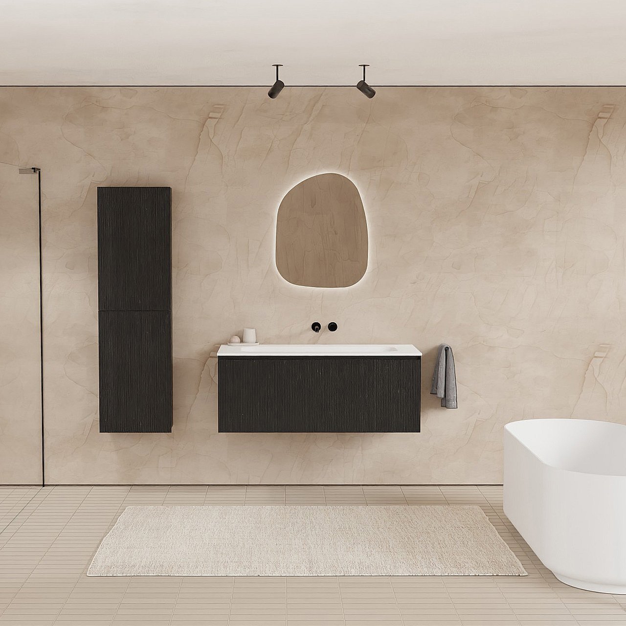 Balmani Fila by Mitra zwevend badmeubel 120 x 55 cm zwart eiken met Tablo Arcato enkele wastafel voor 2 kraangaten in solid surface mat wit, Verticale symmetrische rechte ribbel