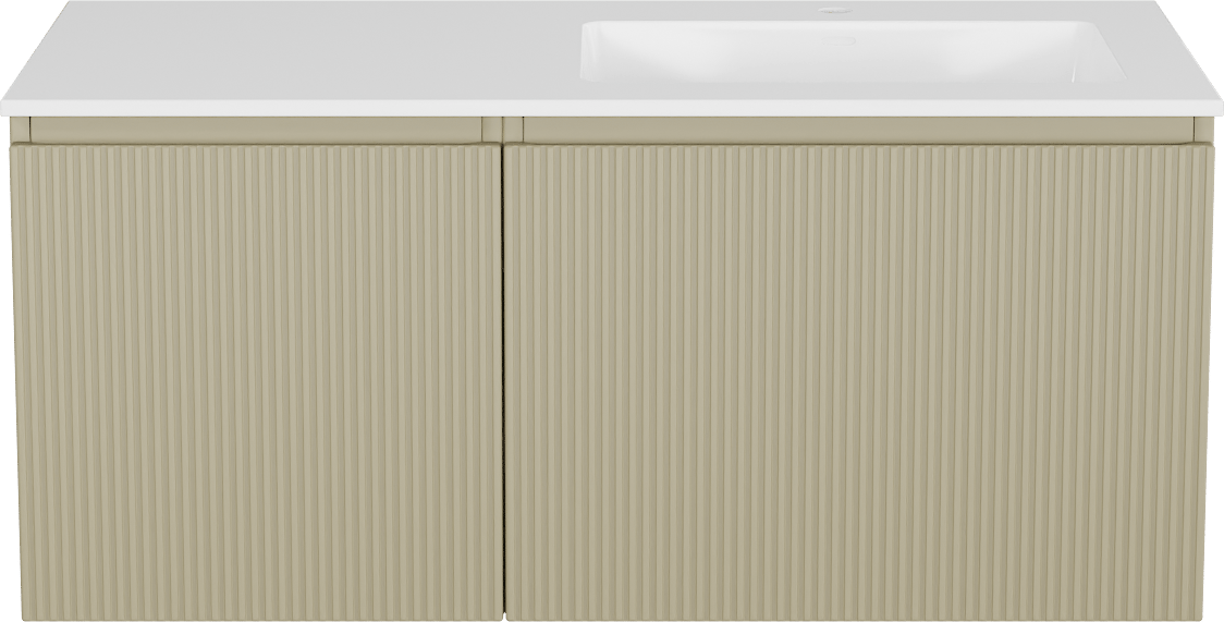 Storke Ribs zwevend badmeubel 110 x 52 cm zijdegrijs met Bilia asymmetrisch rechtse wastafel in composietmarmer hoogglans wit, Verticale symmetrische rechte ribbel
