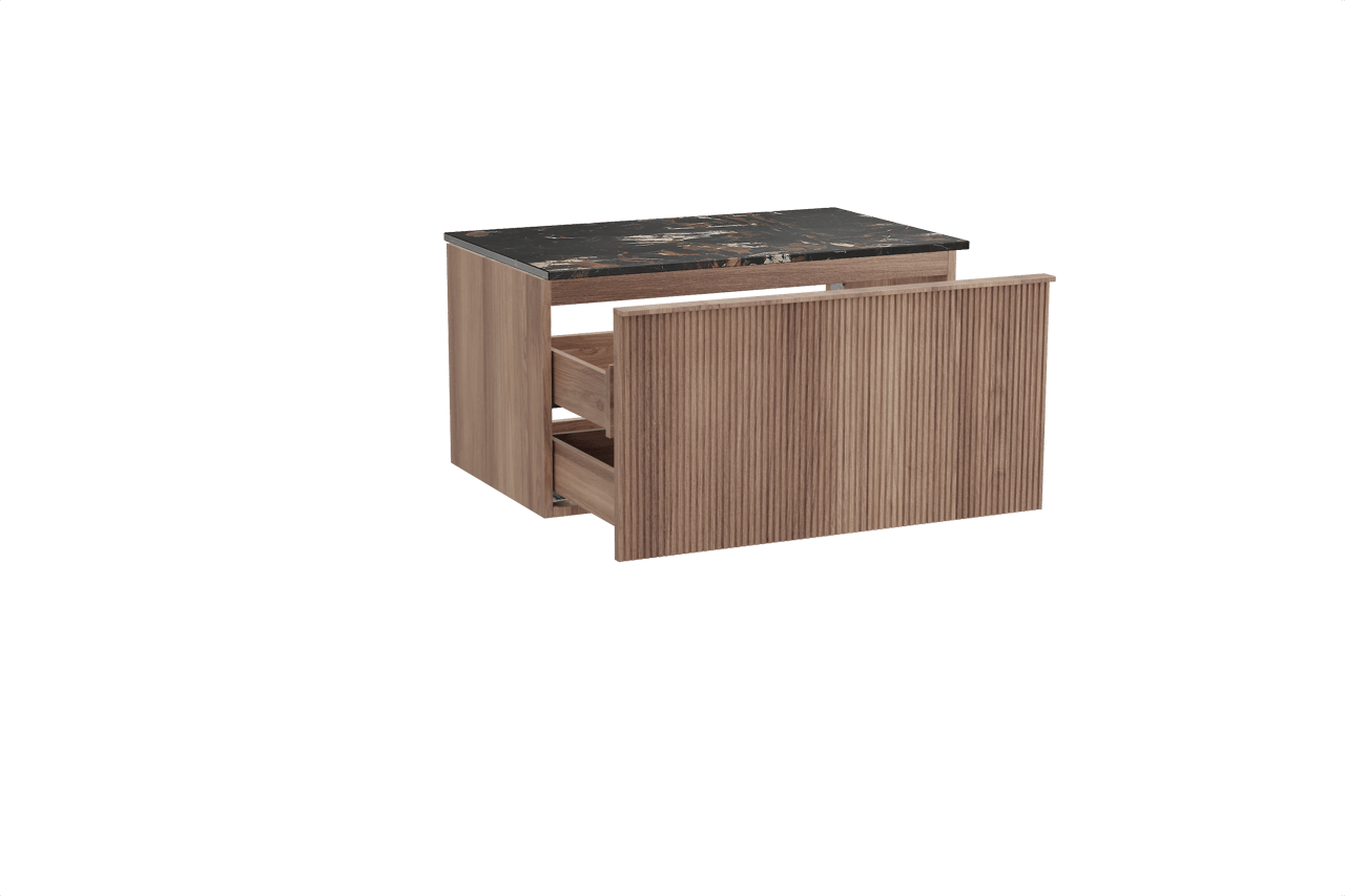 Balmani Forma hängendes Möbelstück Set: 90 x 55 cm, Teak, mit Stretto Einzel Waschtischplatte, Marmor, Portoro Gold, Vertikale symmetrische gerade Rippe
